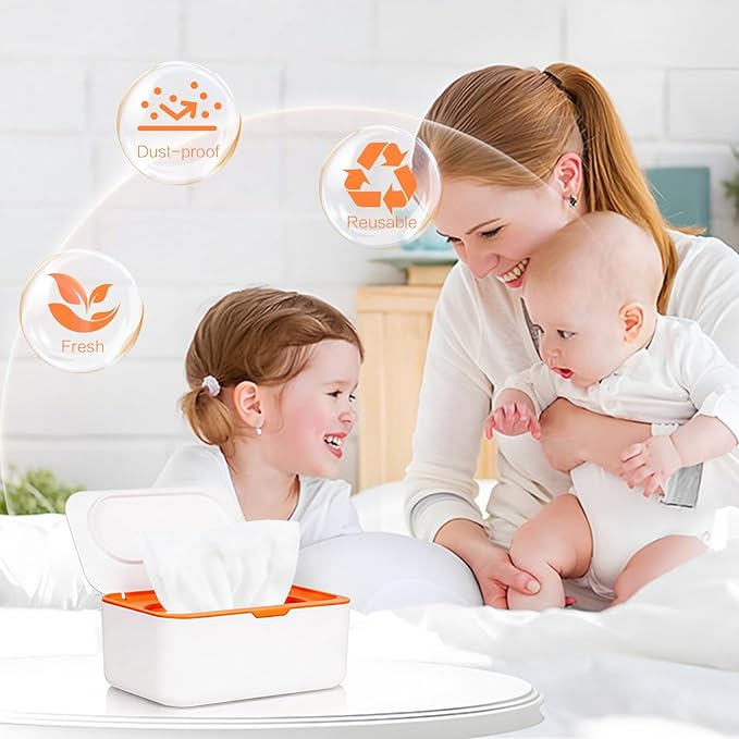 2Pcs Wipe Dispenser, Reusable Baby Wipe Holder Refillable Wipes Container, Easy Open & Close Wipes Pouch Case with Lid for Bathroom Baby Nursery Kitchen Office Travel (Orange)