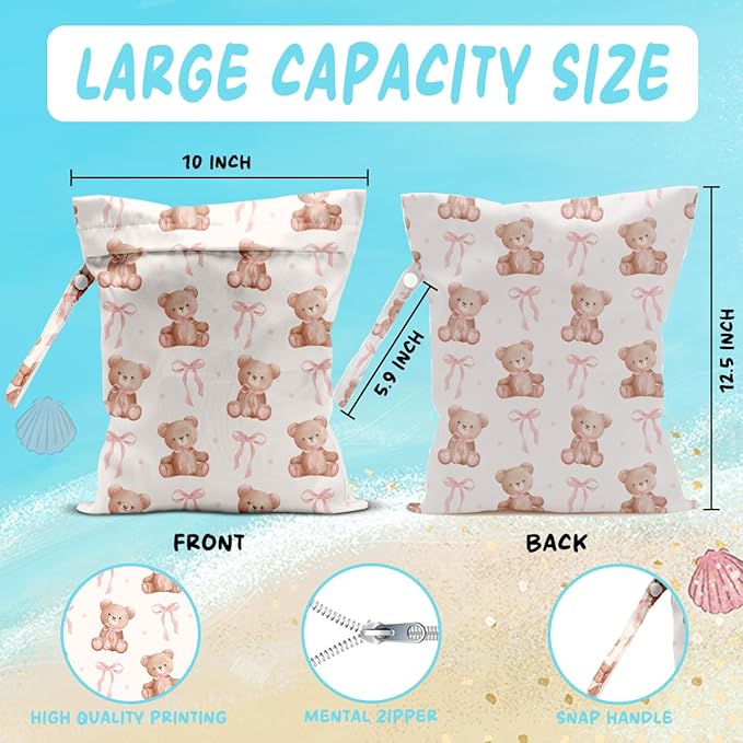 Wet Bag for Baby Swimsuit Kids Wet Dry Bag for Breast Pump Parts Diaper Bag Toiletries Daycare Organizer Beach Vacation Essentials Bear Pink Bow Travel Laundry Bags