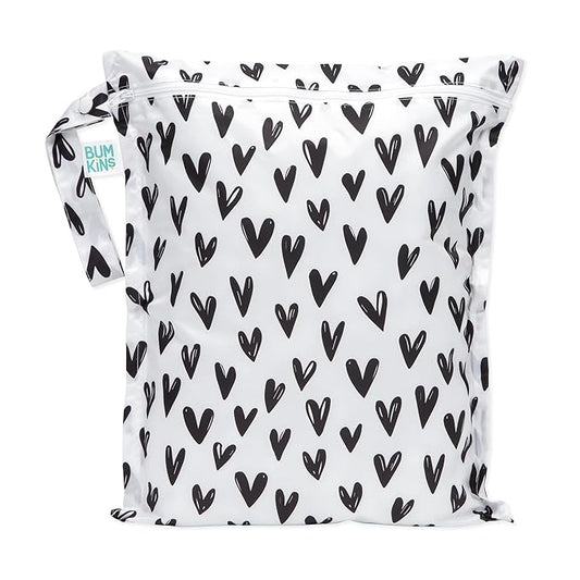 Bumkins Waterproof Wet Bag for Baby, Travel, Swim Suit, Cloth Diapers, Pump Parts, Pool, Beach, Gym Clothes, Toiletry, Hook to Stroller, Daycare, Zipper Reusable Wetdry Packing Pouch, Black Hearts