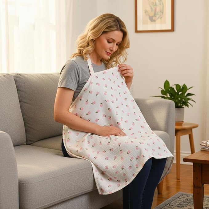 Muslin Nursing Covers for Baby Breastfeeding Privacy Breast Feeding Cover Breathable Breastfeeding Cover up with Arch Neckline Multi-use Stroller Covers for Women Nursing Apron
