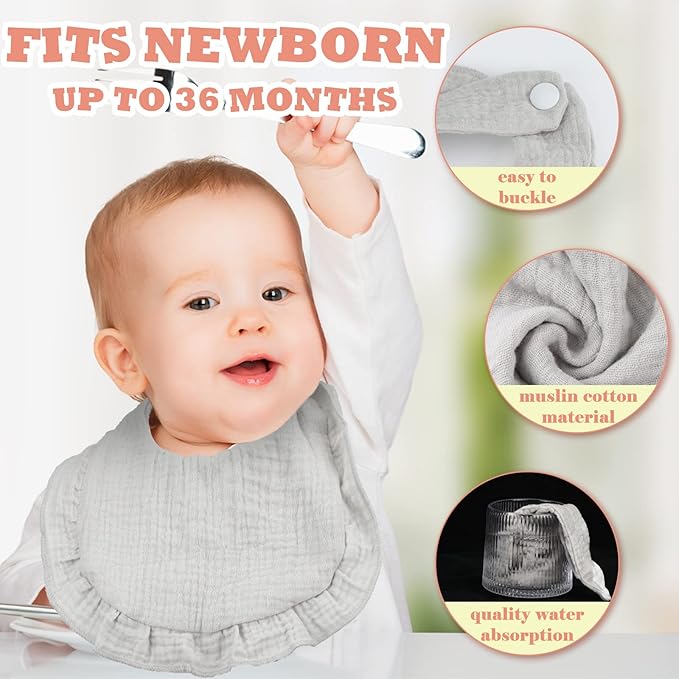 Seematn 10 Pcs Baby Muslin Bibs for Unisex Girls & Boys Drool Bibs Bandana Ruffle Soft Cotton for Newborn Infants Toddlers(Classic Colors)