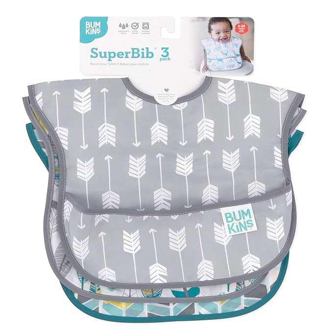 Bumkins Bibs for Girl or Boy, SuperBib Baby and Toddler for 6-24 Months, Essential Must Have for Eating, Feeding, Baby Led Weaning Supplies, Mess Saving Catch Food, 3-pk Feathers, Arrows and Quill