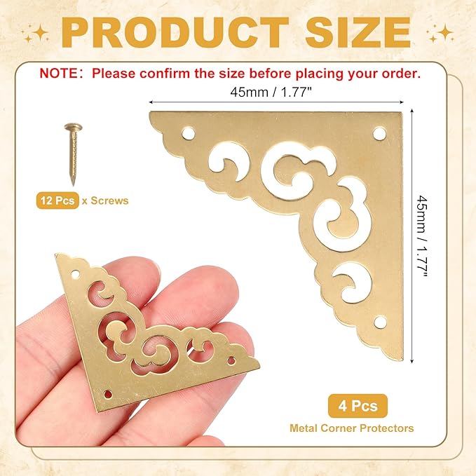 uxcell 4Pcs Brass Corner Protector 1.8 Inch Metal Corner Protector with Mounting Nails Box Edge Guard Retro for Cabinets Speaker Corners Furniture Decorative (Brass)