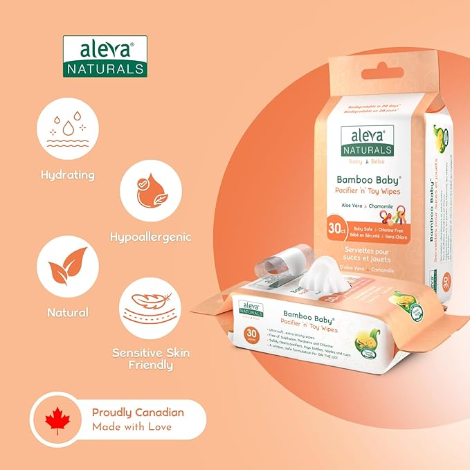 Aleva Naturals Pacifier & Toy Wipes - Pacifier Wipes, Baby Toy Wipes, Bottle Wipes, Extra Strong and Ultra Soft, Value Pack- 30ct x 3 (90 Wipes Total)