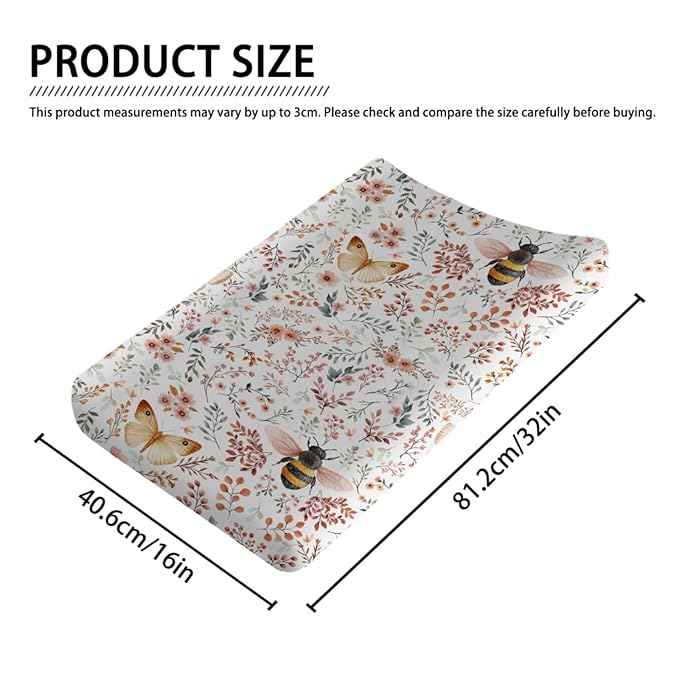 Honey Bloom Bees Butterflies Floral Baby Changing Pad Covers for Boy Girl 32''x16'' Sweet Bees Honey Flowers Fitted Diaper Changing Table Sheets Spring Soft Breathable Nursery Changing Table Mats