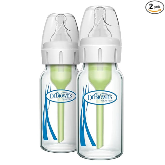 Dr. Brown's Anti-Colic Options+ Narrow Glass Baby Bottle with Level 1 Slow Flow Nipple, BPA-Free, 4 oz/120 mL, 0m+, 2 Count, 1-Pack
