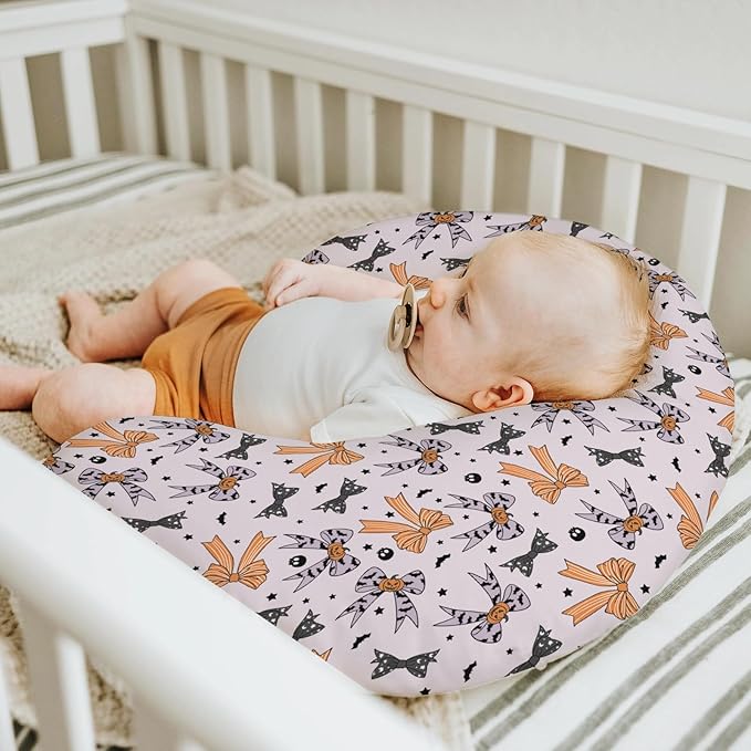 Halloween Bows Baby Nursing Pillow Covers for Boy Girl Spooky Bows Bats Pumpkins Skulls Nursing Slipcovers for Breastfeeding Pillows Orange Purple Ribbons Soft Stretchy Removable Covers for Infant