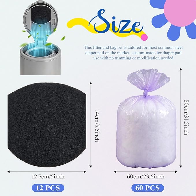 12 Pack Diaper Pail Deodorizer Refill Set Compatible with Ubbi Diaper Pail, 12 Activated Charcoal Filters and 60 Disposable Bags, Odor Absorbing Refills for Baby Nursery Odor Control