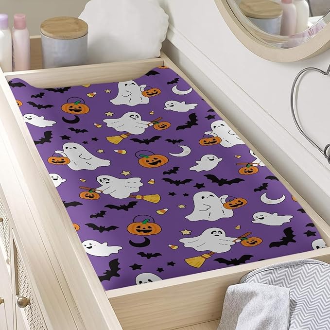 Ghost Pumpkin Baby Nursery Diaper Changing Pad Covers Halloween Change Table Cover Sheets for Newborn Boys, One Size, Breathable Soft Changing Table Covers