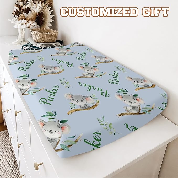 Personalized Baby Changing Pad Cover with Name - 2 Piece Blue Koala Baby Pee Pad Cover for Diaper Changing Table with Name Portable Custom Gifts for Infant Baby
