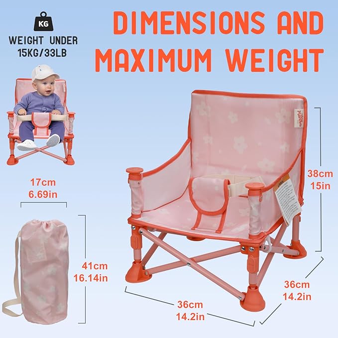 Tiny Marvels 3-in-1 Portable Baby Chair, Foldable Booster Seat with Removable Tray, Safety Harness & Carry Bag for Dining, Travel, Camping, Beach, 6M-3Y (Blush Petals)