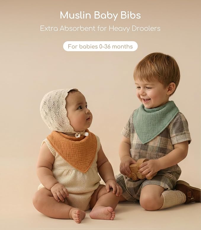 Muslin Baby Bibs 8 Pack, Baby Bandana Drool Bib for Drooling and Teething, Cotton Soft Absorbent for Girls Boys (Neutral)