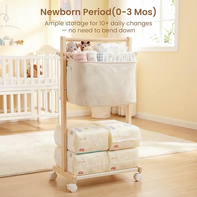 Woodtoe Baby Diaper Caddy Cart with Movable Storage Organizer, Natural Newborn Nursery Essentials, Mobile Utility Cart with Wheels for Nursery, Bedroom, Changing Table & Crib, Gifts for Baby Shower
