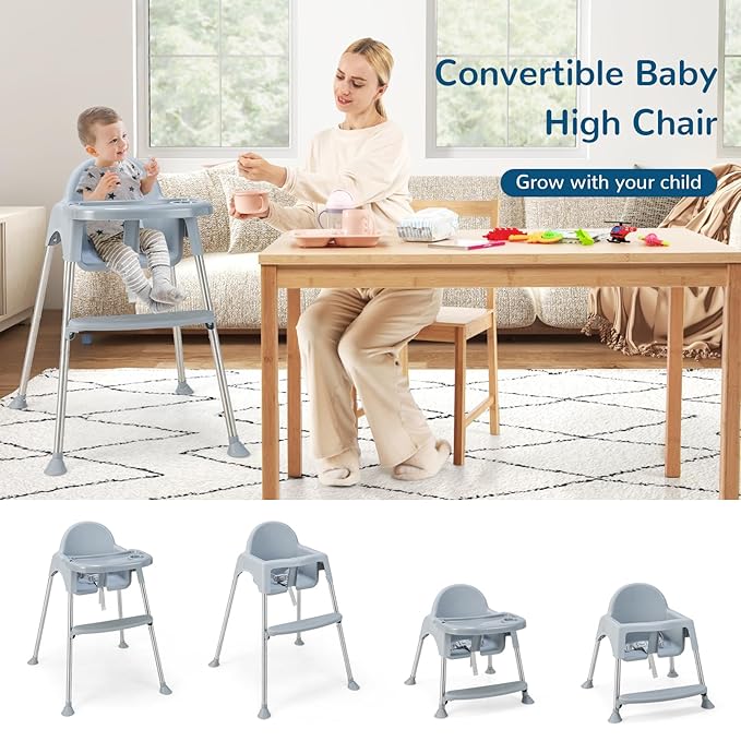 HONEY JOY Baby High Chair, 4 in 1 Convertible Highchair for Babies and Toddlers, Adjustable Legs, Double Removable Tray & Footrest, 3-Point Safety Harness for Infants Boys Girls (Gray)