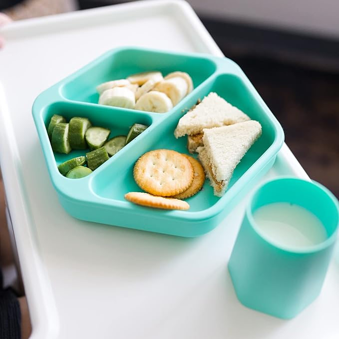 Tiny Twinkle Silicone Suction Baby Plate, Suction Grip Divided Dish for First Foods and Self-Feeding Toddlers, Baby Led Weaning Supplies for Independent Eating (Mint Plate with Lid)