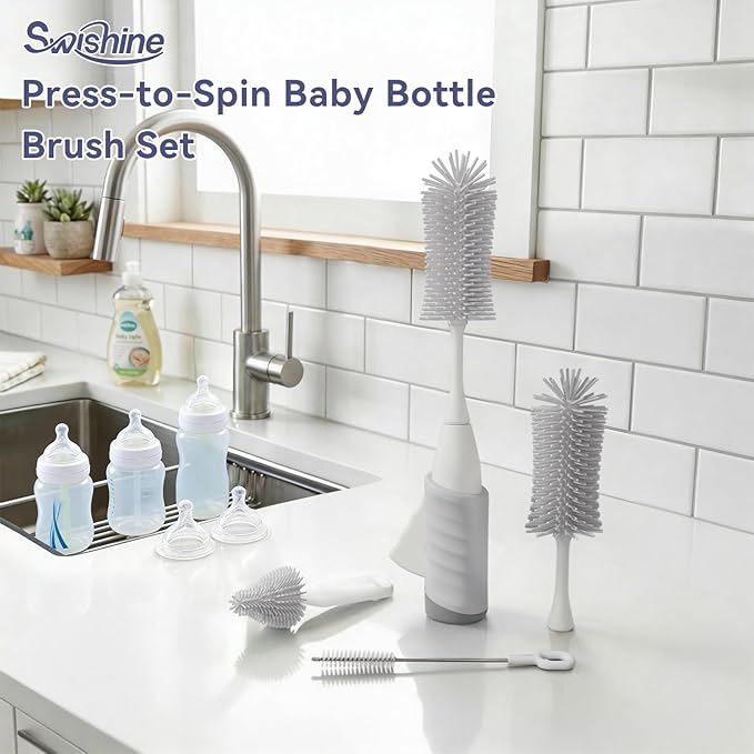 Baby Bottle Brush Set, Innovative Efficient Press-to-Spin Brush Cleaner - Includes Silicone Bottle Brush, Nipple Brush, Straw Cleaner - Spinning Generates Rich Foam for Deep Cleaning, Gray
