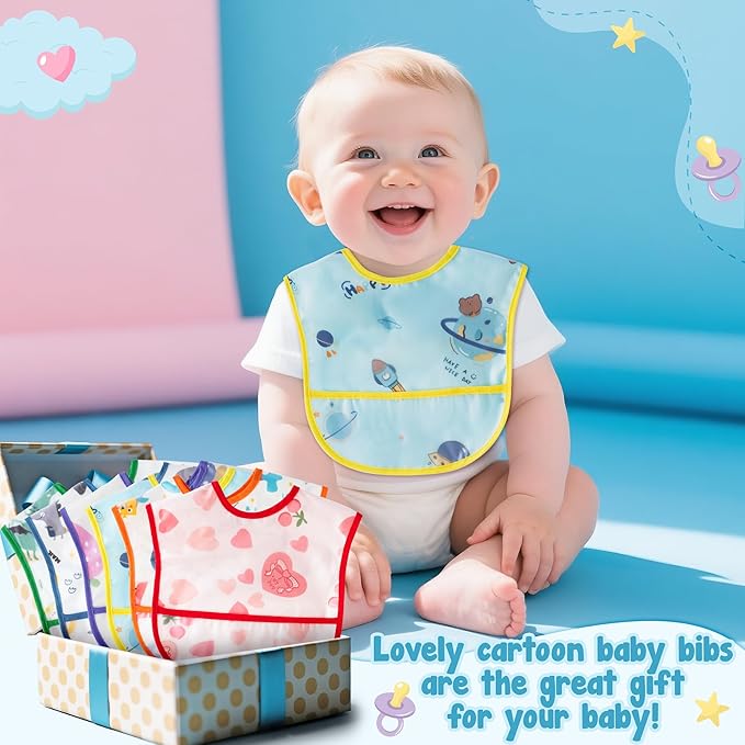 6Pcs Baby Feeding Bibs with Crumb Catcher Pocket Waterproof Sleeveless Teething Plastic Food Bib Set Adjustable Toddler Infant Keepsake Gift for Baby Shower, 6-24 Months