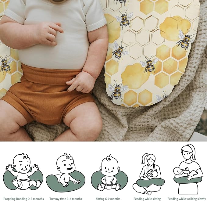 Honeycomb Bees Baby Nursing Pillow Covers for Boy Girl Yellow Bee Honey Nursing Pillow Slipcovers for Breastfeeding Pillows Spring Summer Soft Stretchy Removable Covers for Newborn Infant