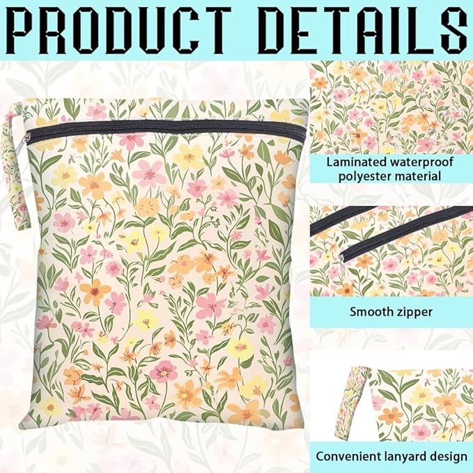 2Pcs 2 Sizes Floral Wet Bag Beach Wet Dry Bags Flower Pattern Polyester Waterproof Sandproof Reusable Storage Zipper Pouches for Friends Swimsuit Travel Dirty Diaper Clothes Birthday Gifts