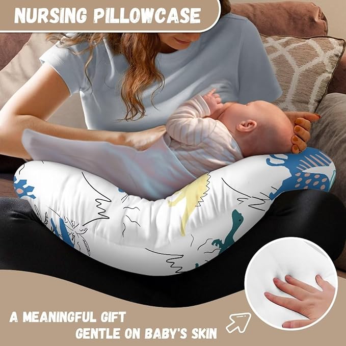 Nursing Pillow Case for Newborn Cute Dinosaur Breastfeeding Pillow Slipcover for Baby Boys & Girls Soft Fabric Fit Snug On Infant Washable & Breathable