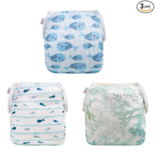 ALVABABY 3pcs Swim Diapers Baby & Toddler Snap One Size Reusable Adjustable Baby Boy Large Fish&sea-Plant 3ZSWY02