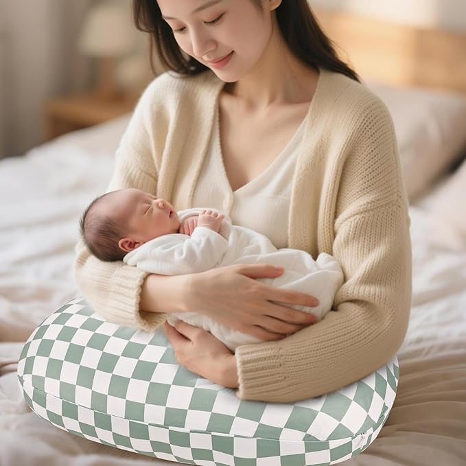 DILIMI Nursing Pillow Cover, Soft Stretchy Nursing Cover for New-Designed Breastfeeding Pillow, Removable Slipover for Baby Boy and Girls, Green Checkered Only Cover