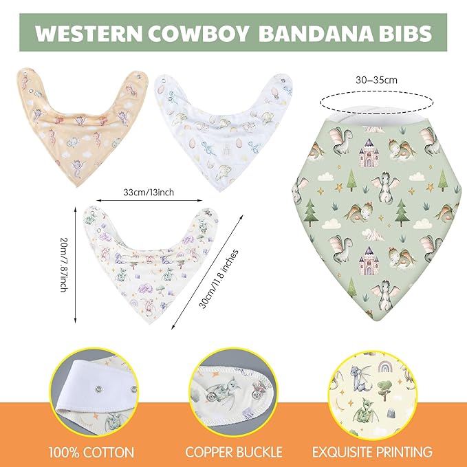 VitalCozy 4 Pcs Watercolor Dragon Baby Bandana Bib Cotton Newborn Infant Feeding Drool Bib for Drooling and Teething Girl Boy