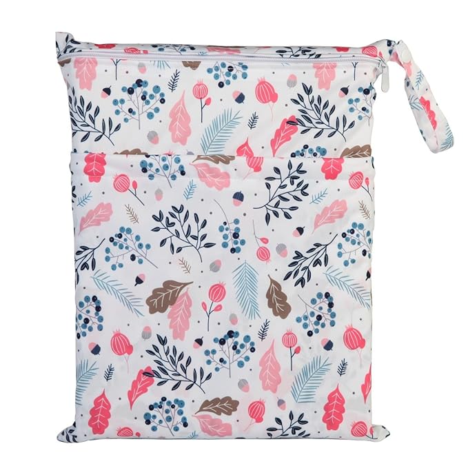 2 Wet Bags Diaper Bags With Two Zippered Pockets Reusable (Pink Foliage and Floral)
