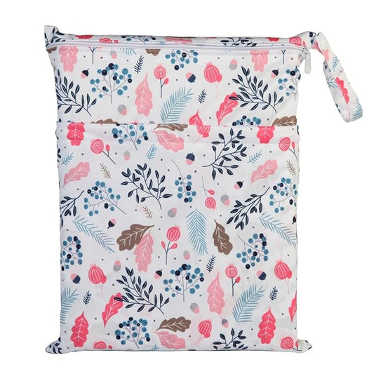 Medium Wet Dry Bag Baby Cloth Diaper Nappy Insert Bag Reusable Washable With Two Zippered Pockets (Fruit Foliage)