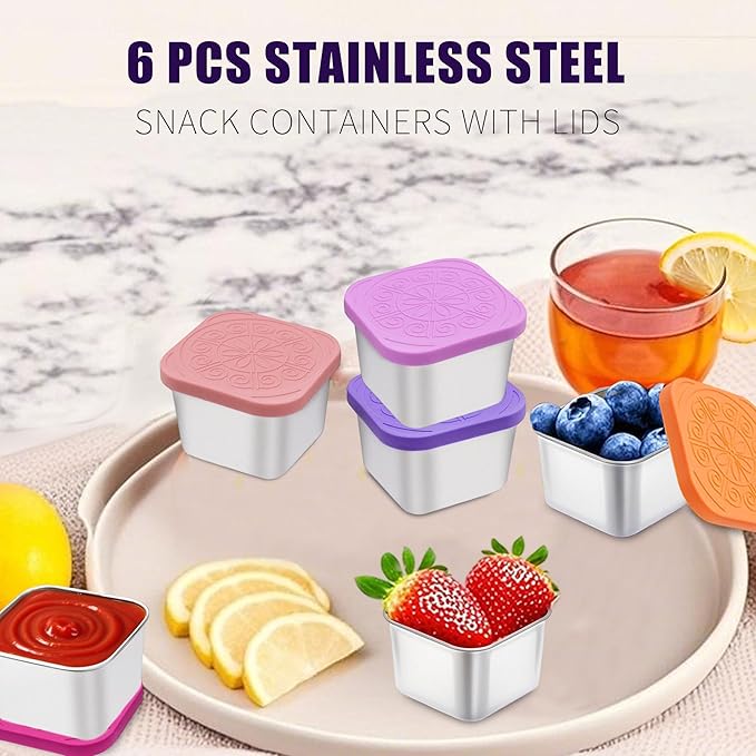 304 Premium Stainless Steel Snack Containers with Silicone Lids, Snackle Box Containers, Easy-Open Leak-Proof Kids for Taking Out for a Picnic, Lunch Box and Travel. (All-6, 2 OZ)