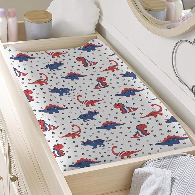 Patriotic Dinosaurs Baby Changing Pad Covers for Boy Girl 32''x16'' Cartoon Dinosaur American Flag Stars Unisex Fitted Diaper Changing Table Sheets Comfort Soft Breathable Baby Changing Table Mats