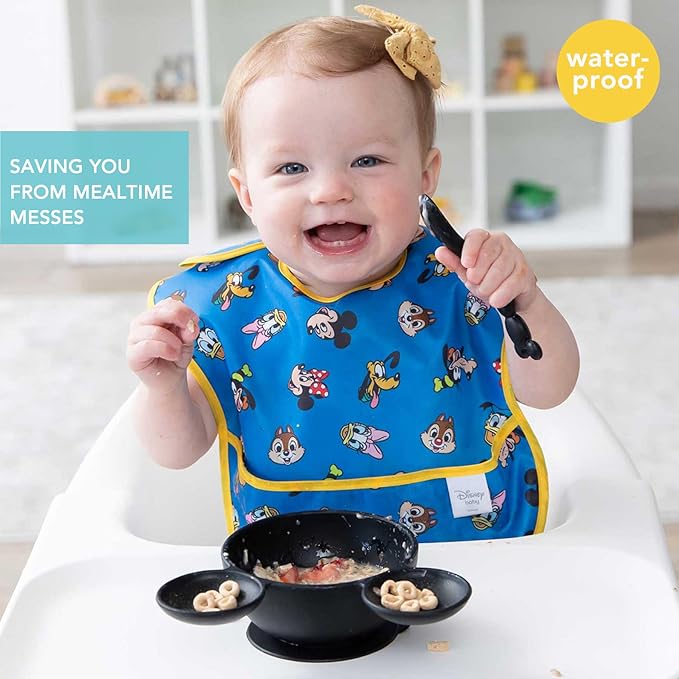 Bumkins Disney Bibs for Girl or Boy, SuperBib Baby and Toddler for 6-24 Months, Essential Must Have for Eating, Feeding, Baby Led Weaning, Mess Saving Waterproof Soft Fabric, 3-pk Mickey and Friends