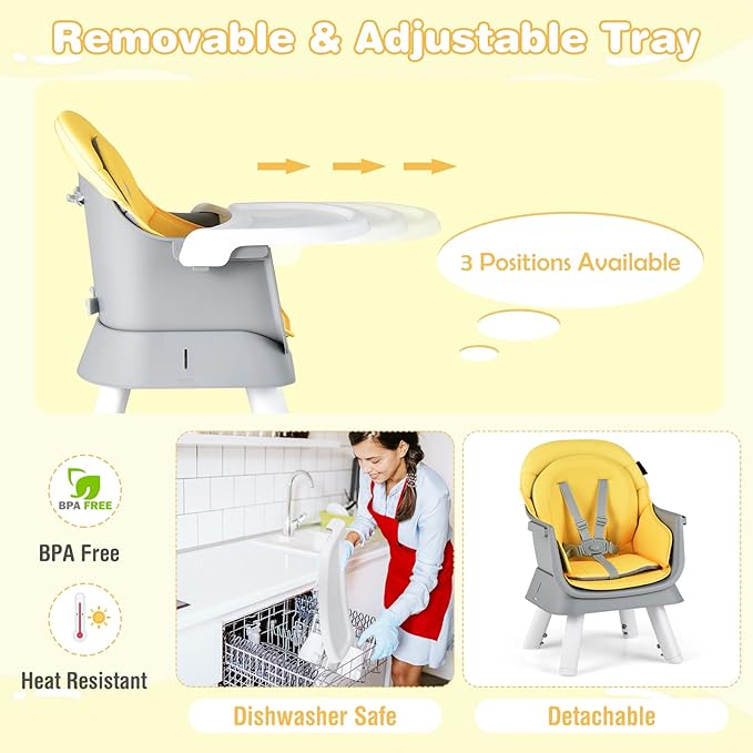 HOMGX Baby High Chair, 8-in-1 Convertible High Chair w/Removable Tray & Safety Harness, Infant Dining Booster Seat, Building Block Table & Chair Set, Highchair for Babies and Toddlers (Yellow)