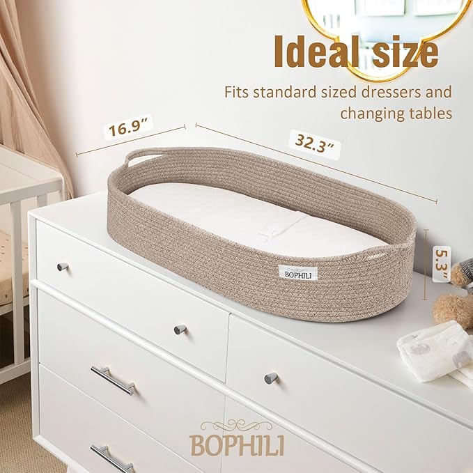 Baby Changing Basket Foldable Baby Changing Pad and Waterpoof Cover, Premium Handmade Cotton Rope Reinforced Moses Baskets Changing Table Topper, Built-in Security Strap (Warm Brown)
