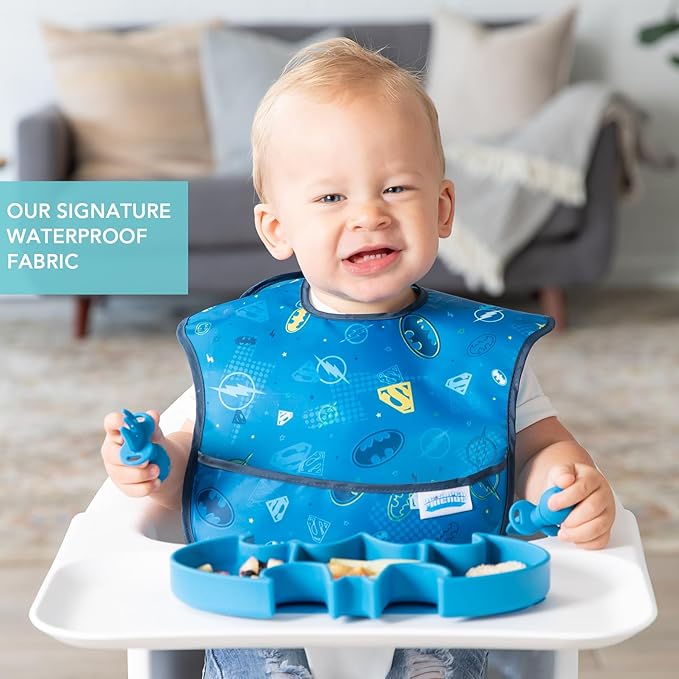 Bumkins Bibs for Girl or Boy, SuperBib Baby and Toddler 6-24 Months, Essential Must Have for Eating, Feeding, Baby Led Weaning Supplies, Mess Saving Catch Food, Fabric, 3-pk DC Comics Super Friends