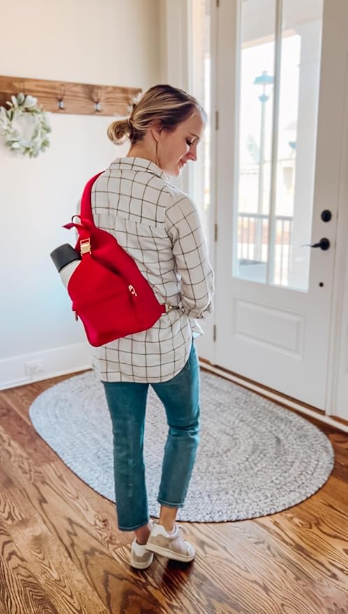 Sarah Wells Allie Sling Pump Bag – Fits All Wearable Cup Pumps & Portable Pumps – Machine Washable Neoprene Crossbody with Insulated Pocket, Water Bottle Holder & Hands-Free Design (Ruby)