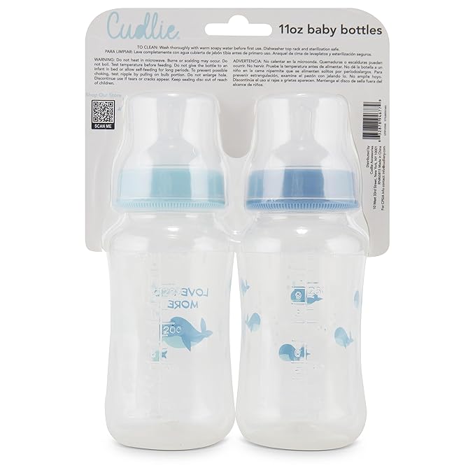 Premium 4-Pack Baby Bottles - 11 Ounce, Hourglass Shape, Fun Boys and Girls Prints, Clear Cover - BPA-Free