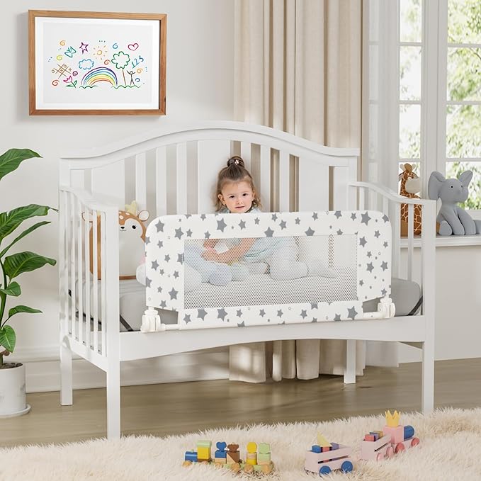 NUTIKAS Crib Rail Guard for Toddlers - 35.3" Toddler Bed Rails Convertible Safety Side Protector Swing Down Mesh Breathable Bed Barriers White Anchor Safety with Reinforced