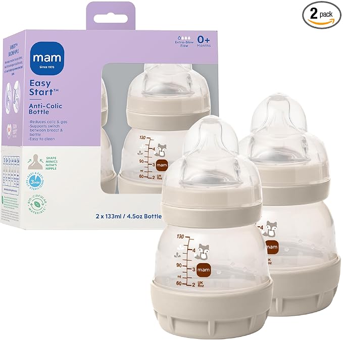MAM 4.5oz Easy Start Anti-Colic Wide Neck Vented Baby Bottle, Extra Slow Flow Breastfeeding-Like Silicone Nipple, Reduces Colic, Gas & Reflux, Easy to Clean, BPA Free, 0+ Months, Made in Europe