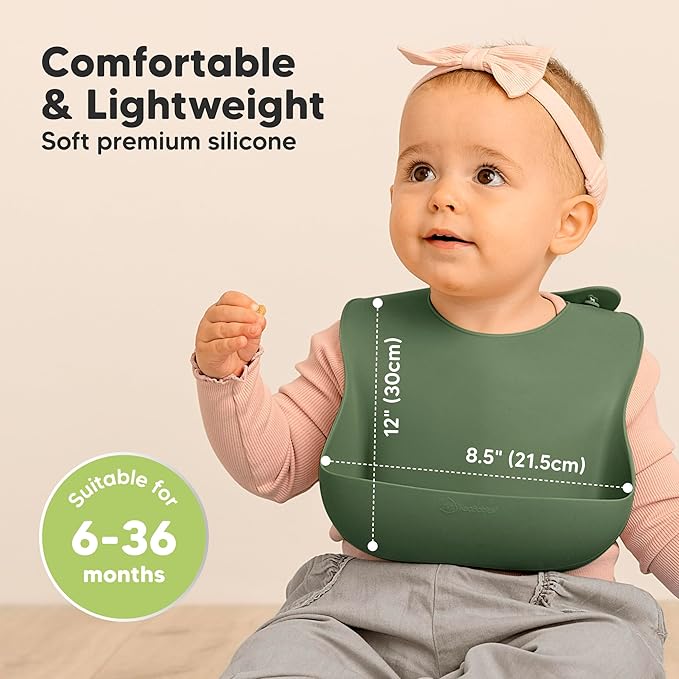 KeaBabies 2-Pack Silicone Bibs for Babies, Toddlers Girl, Boy – Sturdy Food-Grade Baby Bibs for Eating, Large Food Catcher, Clean & Put On Easily, Waterproof Toddler Feeding Essentials (Forest)