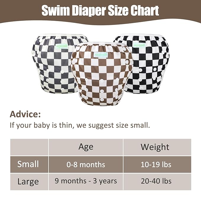 wegreeco Baby & Toddler Snap One Size Adjustable Reusable Baby Swim Diaper (Black, Grey, Dark Coffee Checkerboard,Small,3 Pack)