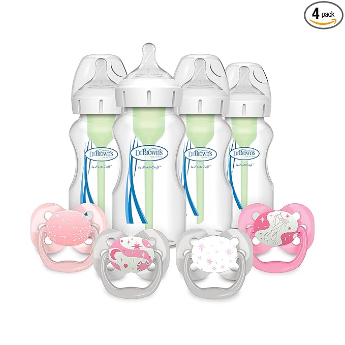 Dr. Brown’s Natural Flow® Anti-Colic Options+™ Wide-Neck Baby Bottle, 9 oz/270 mL, Level 1 Nipple, 4-Pack, 0m+ with Advantage Symmetrical Pacifier with Air Flow, Pink 4-Pack, 0-6m