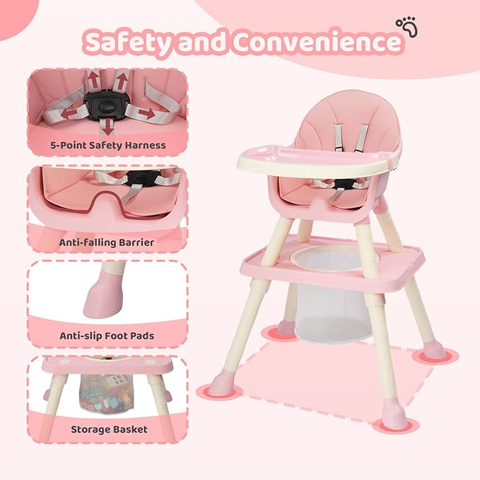 JOYMOR 7 in 1 High Chair for Babies and Toddlers, Convertible Kids Learning Table and Chair with Large Baske for Storage (Pink)