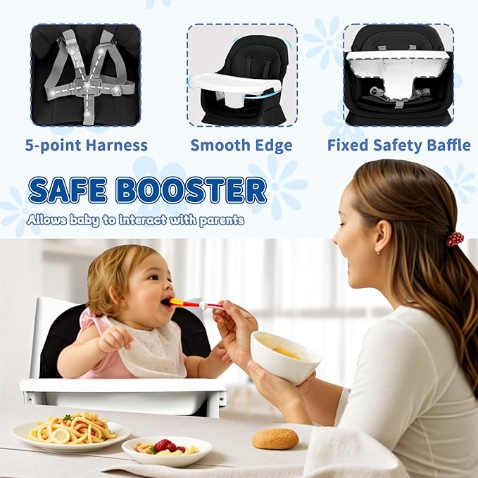 Kinder King 8 in 1 Baby High Chair, Coverts to Dining Booster Seat/Kids Table & Chair Set/Toddler Building Block Table/Kids Stool, Removable Tray & Double Seat Cover, Easy to Wipe, Black & White