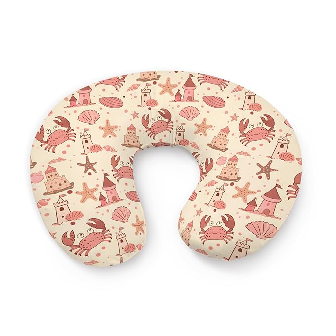 Cartoon Ocean Beach Crab Starfish Seashells Sandcastle Pattern Nursing Pillow Cover, Unisex Removable Breastfeeding Pillowcase Slipcover for Baby Girls Boys Newborns Toddlers, Cover Only
