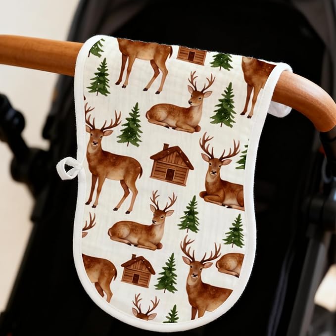 6-Pack Muslin Crinkle Burp Cloths for Newborn, 100% Cotton Absorbent Burping Rags, Gentle Large Textured Washcloths with Forest Adventure & Stag Prints, Little One Essentials Gift Set