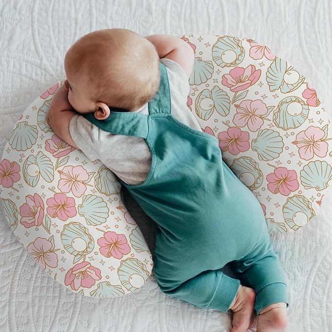 Boho Summer Mermaids Floral Nursing Pillow Covers for Boy Girl Beach Seashells Conch Tropical Flowers Nursery Slipcovers for Breastfeeding Pillows Ocean Marine Soft Stretchy Cover for Newborn Infant