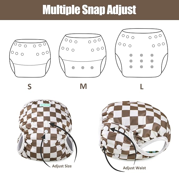 wegreeco Baby & Toddler Snap One Size Adjustable Reusable Baby Swim Diaper (Black, Grey, Dark Coffee Checkerboard, Large, 3 Pack)