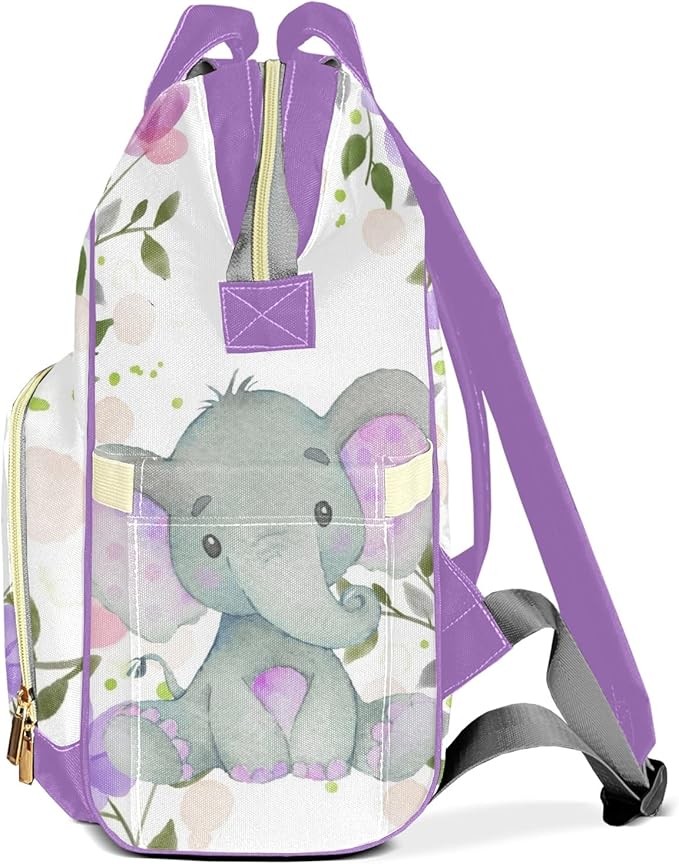 Purple Floral Elephant Cute Diaper Bag Baby Nappy Bag Daughter Multi-Function Custom Baby Bag Picnic Diaper Carrying Bag Unisex Gifts with Name
