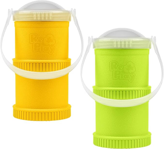 Re-Play Snack Stack Toddler Containers, 2 Sets - Stackable Cups with Travel Lid & Strap for On-the-Go, BPA-Free, Made in USA, Sunny/Lime